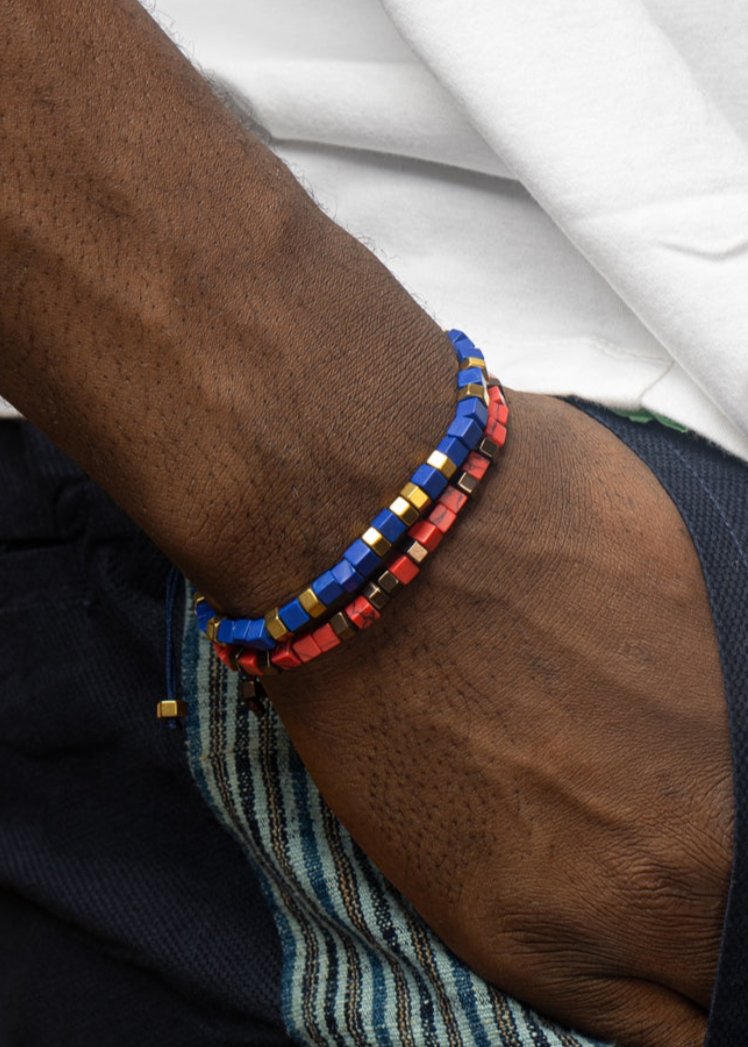 CUBE faceted LAPIZ and GOLD HEMATITE Macrame Bracelet