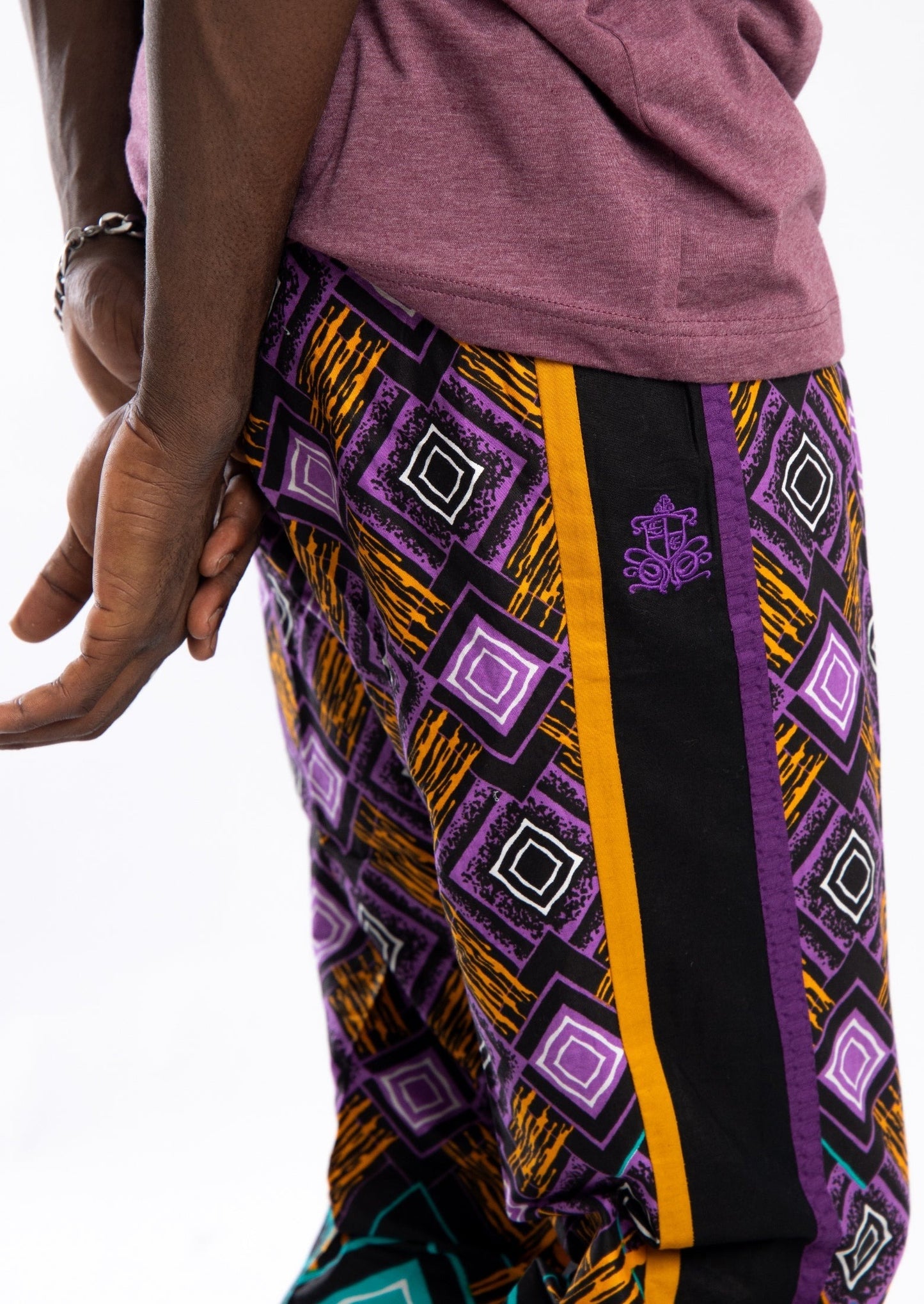 Purple pants with diamond shapes