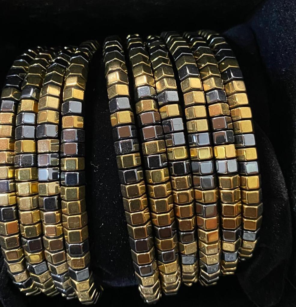 Hexagonal faceted GOLD and GRAPHITE HEMATITE Macrame Bracelet