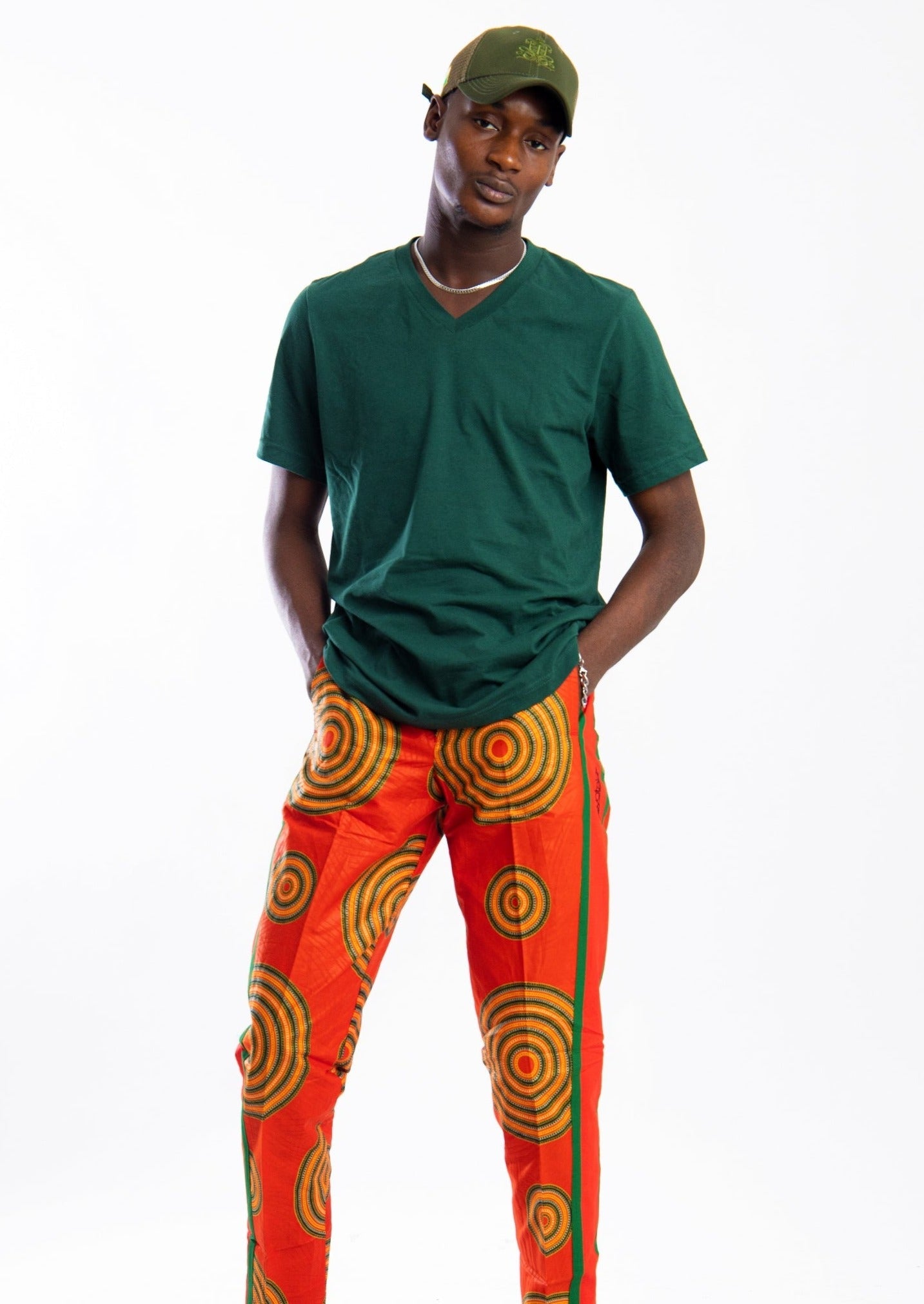 Orange pants with concentric circle print