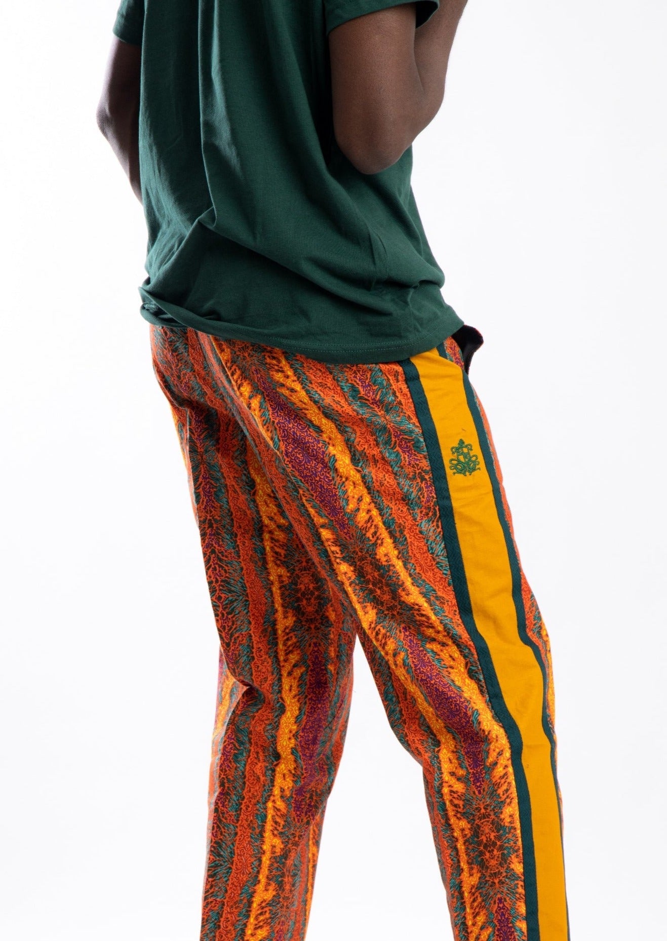 Orange and red pants with contrast yellow strip