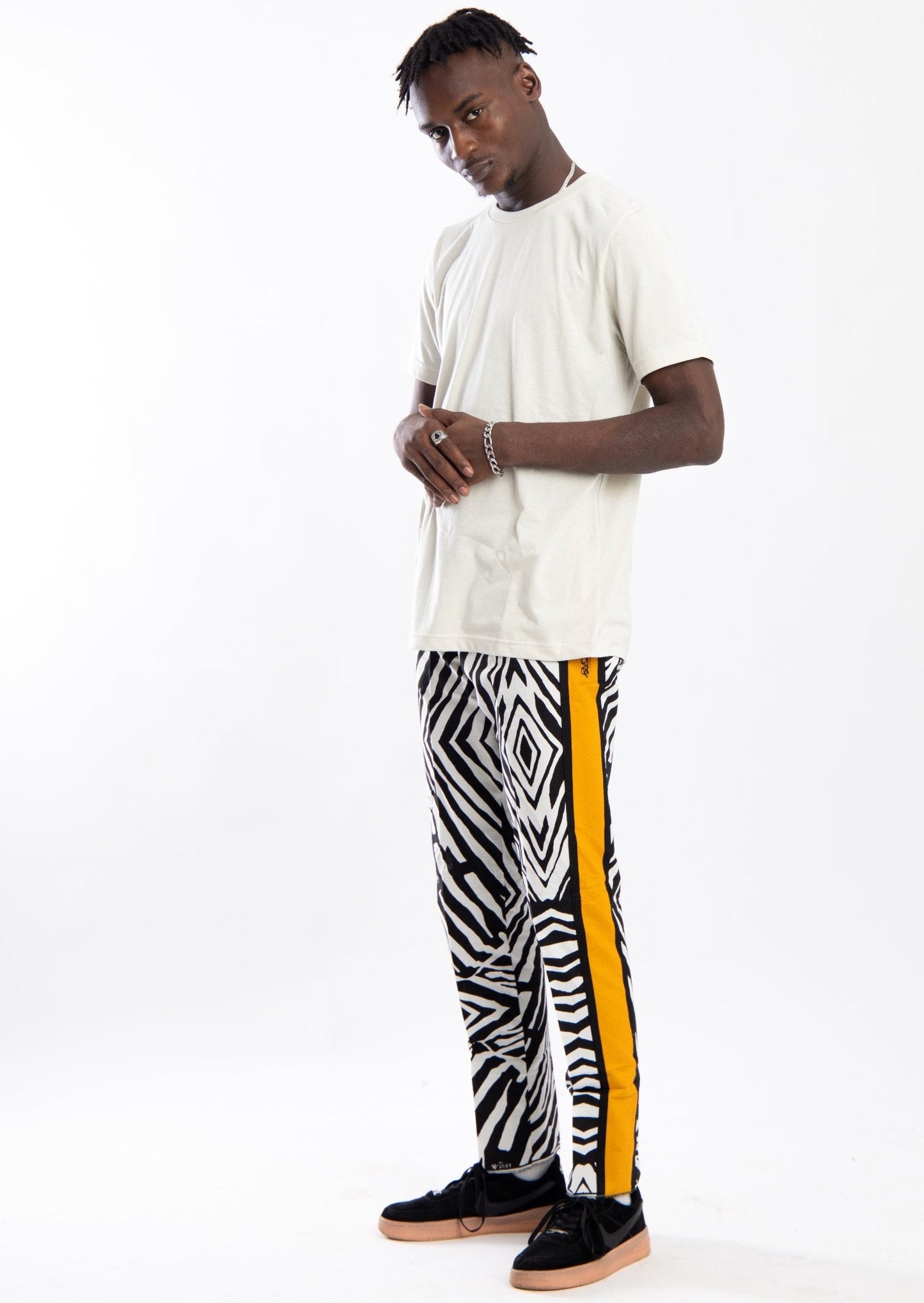 Zebra style pants with contrast yellow side strip
