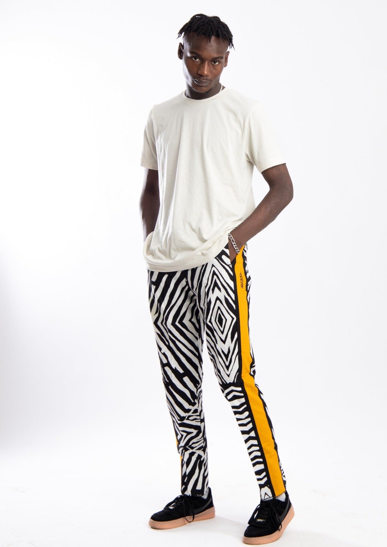 Zebra style pants with contrast yellow side strip