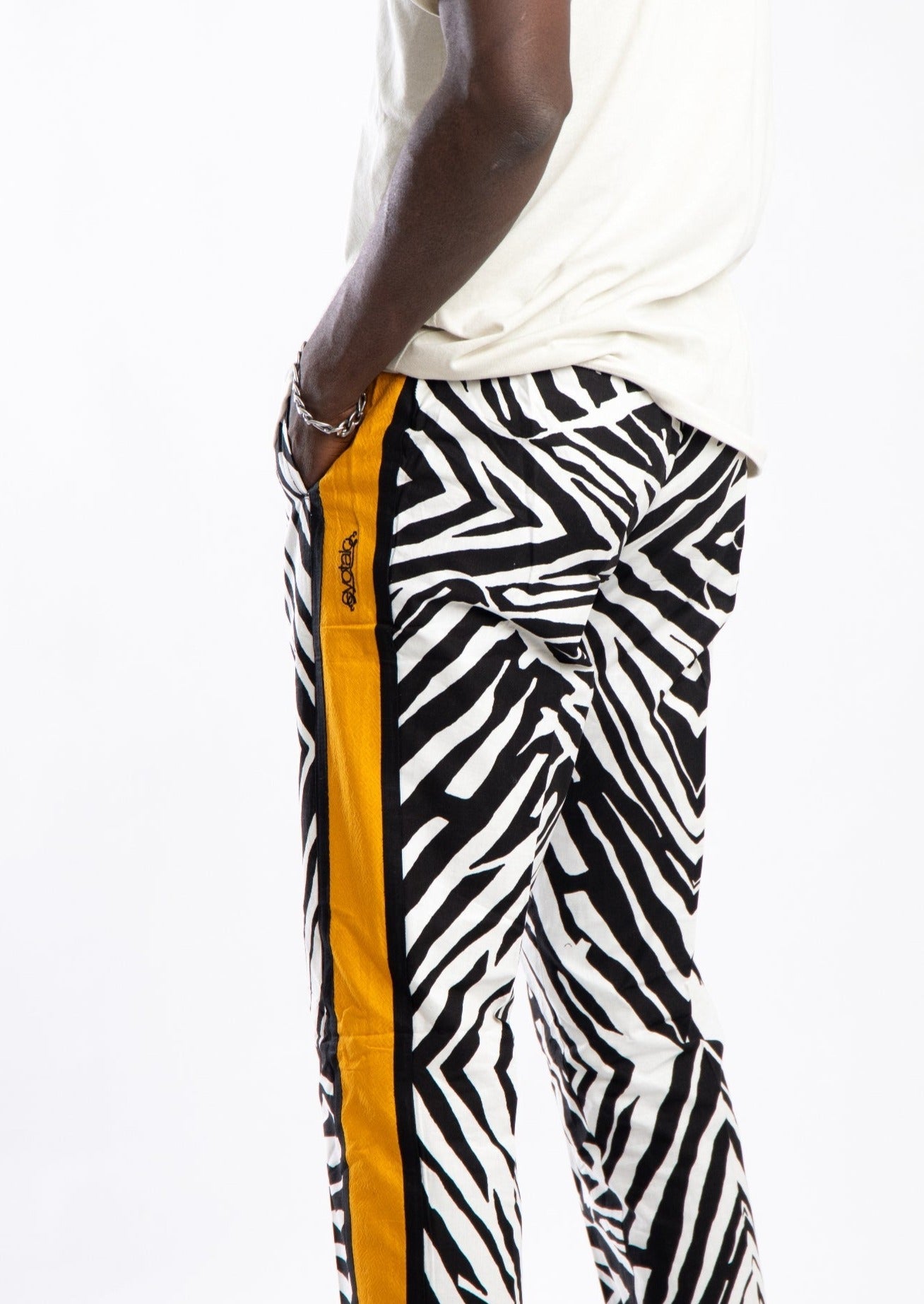 Zebra style pants with contrast yellow side strip