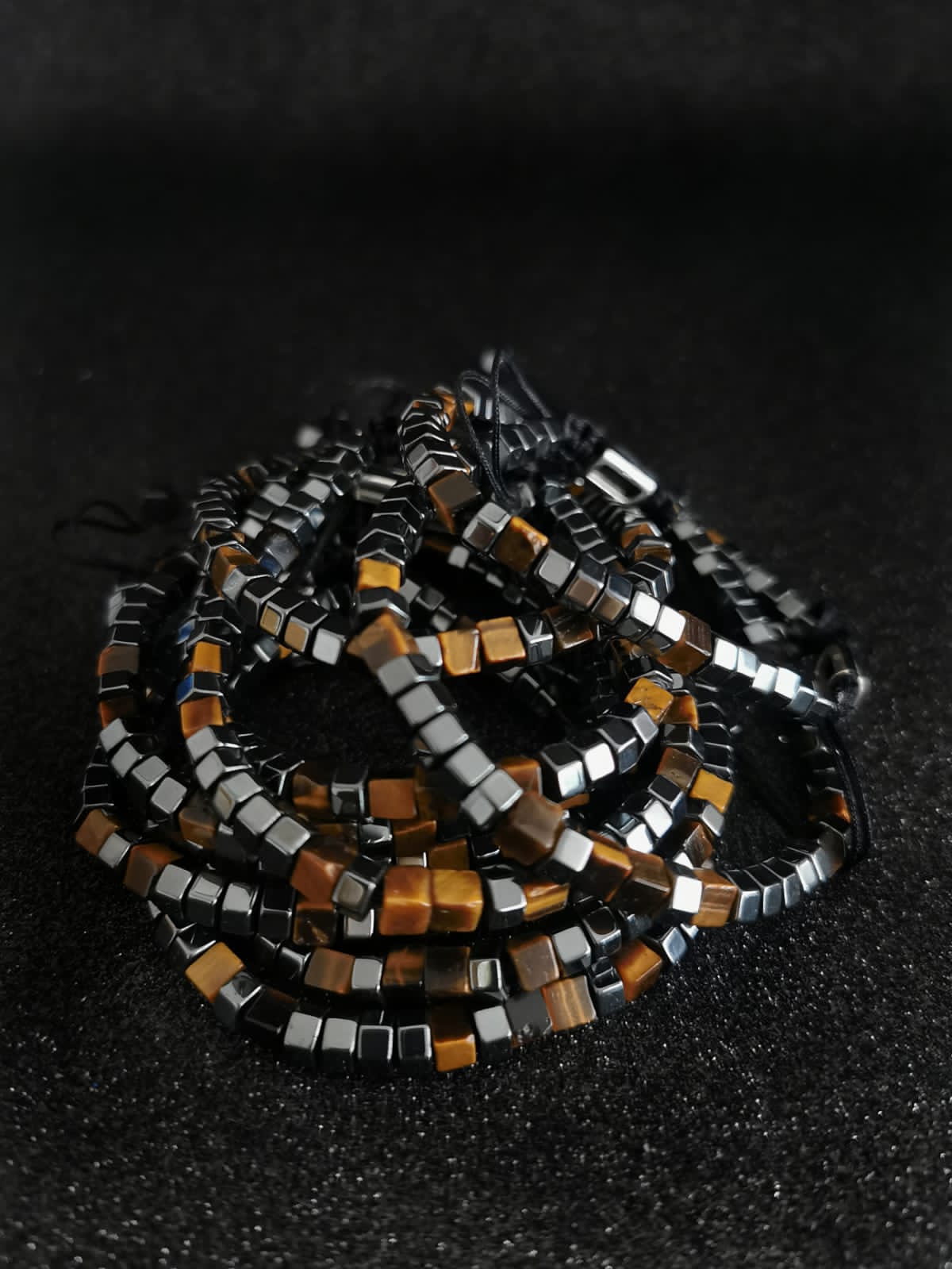 Hexagonal faceted TIGEREYE and GLOSSY GRAPHITE HEMATITE Macrame Bracelet