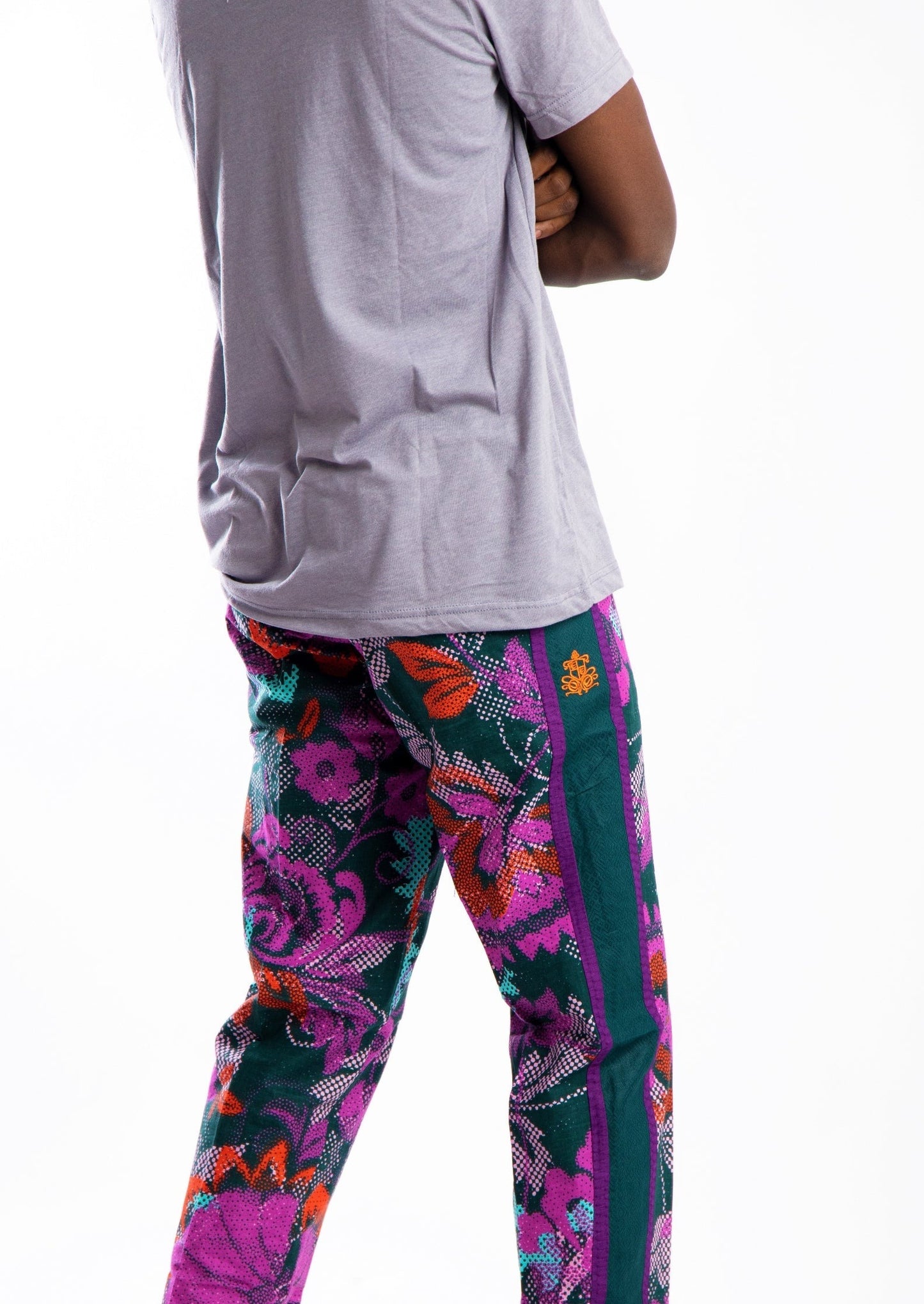 Purple flower print pants with black side strip