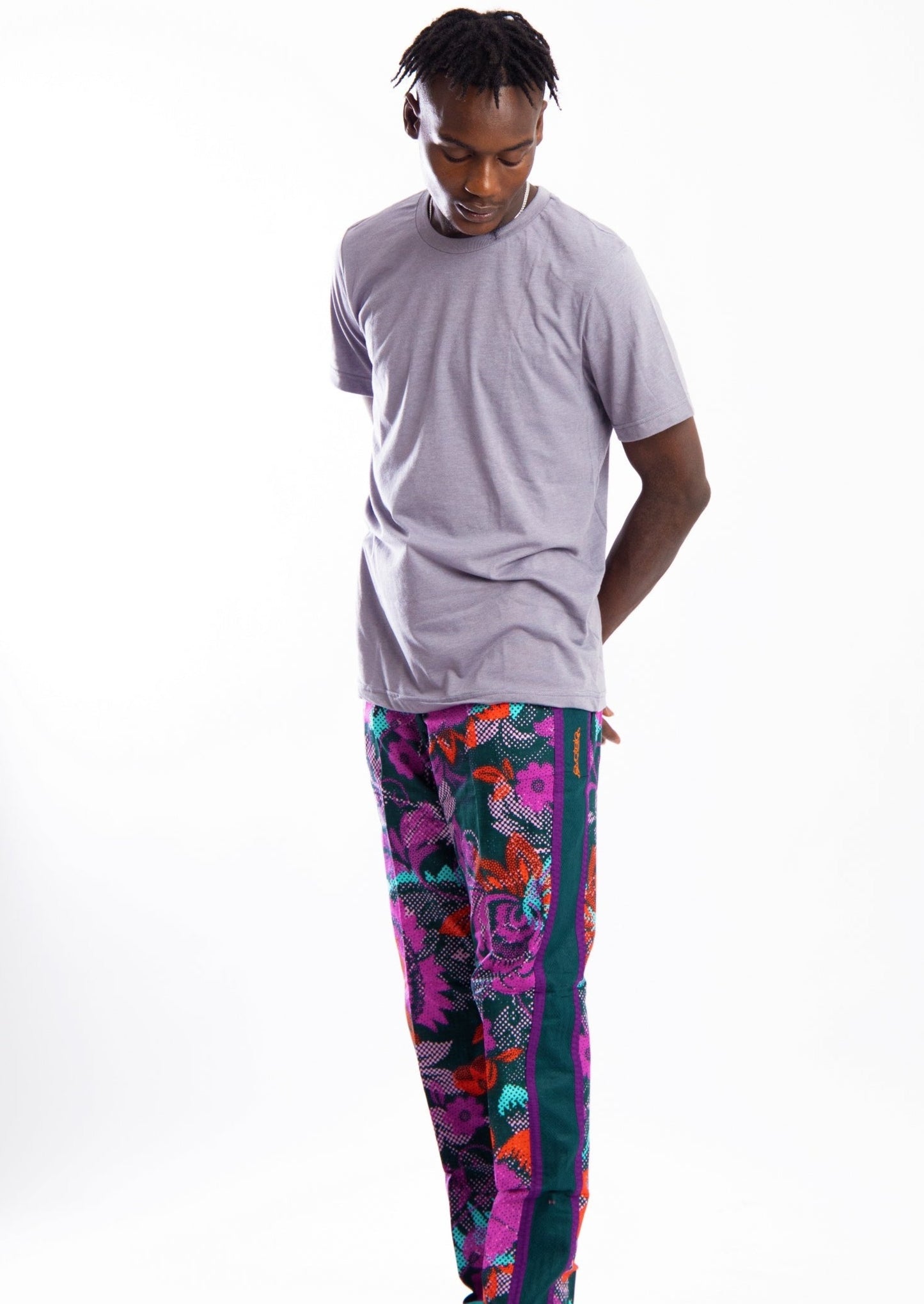 Purple flower print pants with black side strip