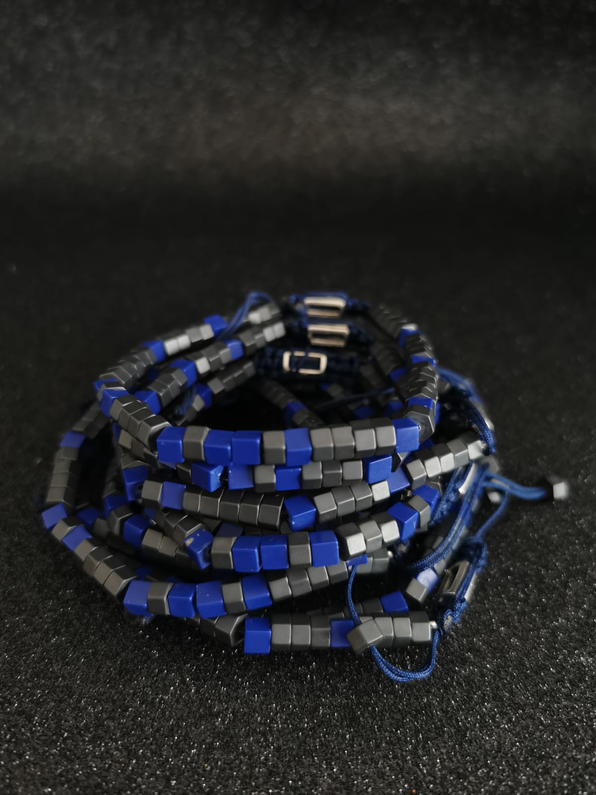 Hexagonal faceted LAPIZ and MATTE GRAPHITE HEMATITE Macrame Bracelet