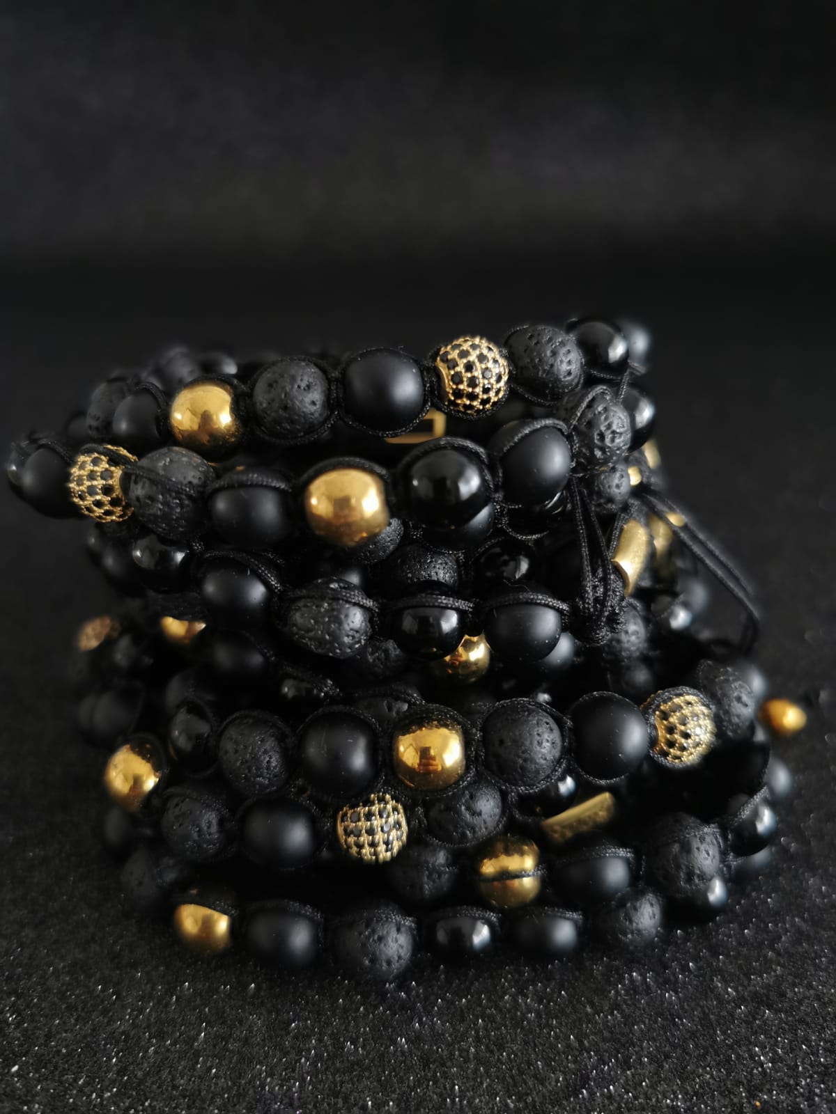 SINGLE GEMSTONE MACRAME Bracelet made with pave beads - LAVA ONYX