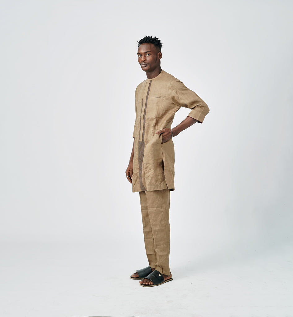 WORK SERIES-2-Piece Native Attire 3/4 Sleeves in Brown Linen