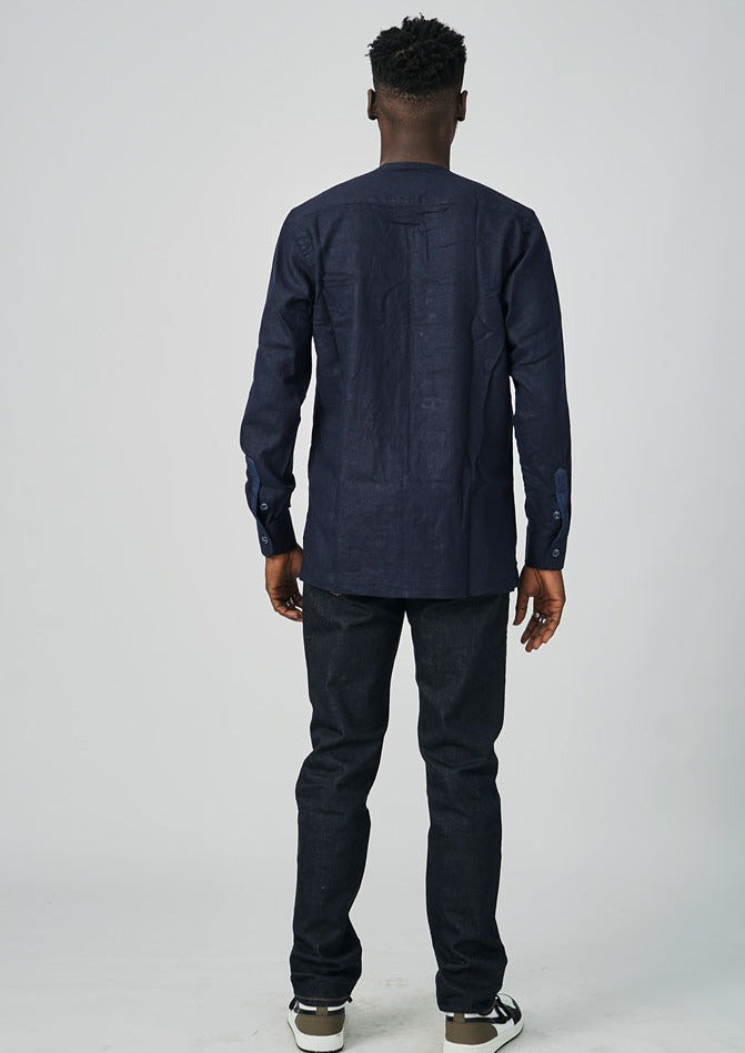 DOUBLE CHEST POCKET ZIPPER COLLARLESS SHIRT - NAVY -