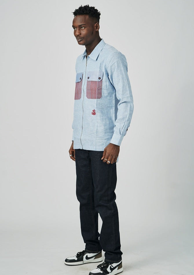 LONG SLEEVE DOUBLE POCKET ZIPPER SHIRT - SKY BLUE -