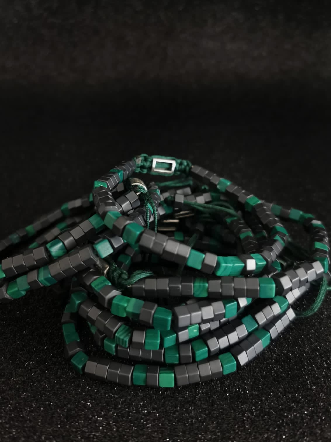 HEXAGONAL faceted MATTE GRAPHITE HEMATITE AND MALACHITE and Macrame Bracelet