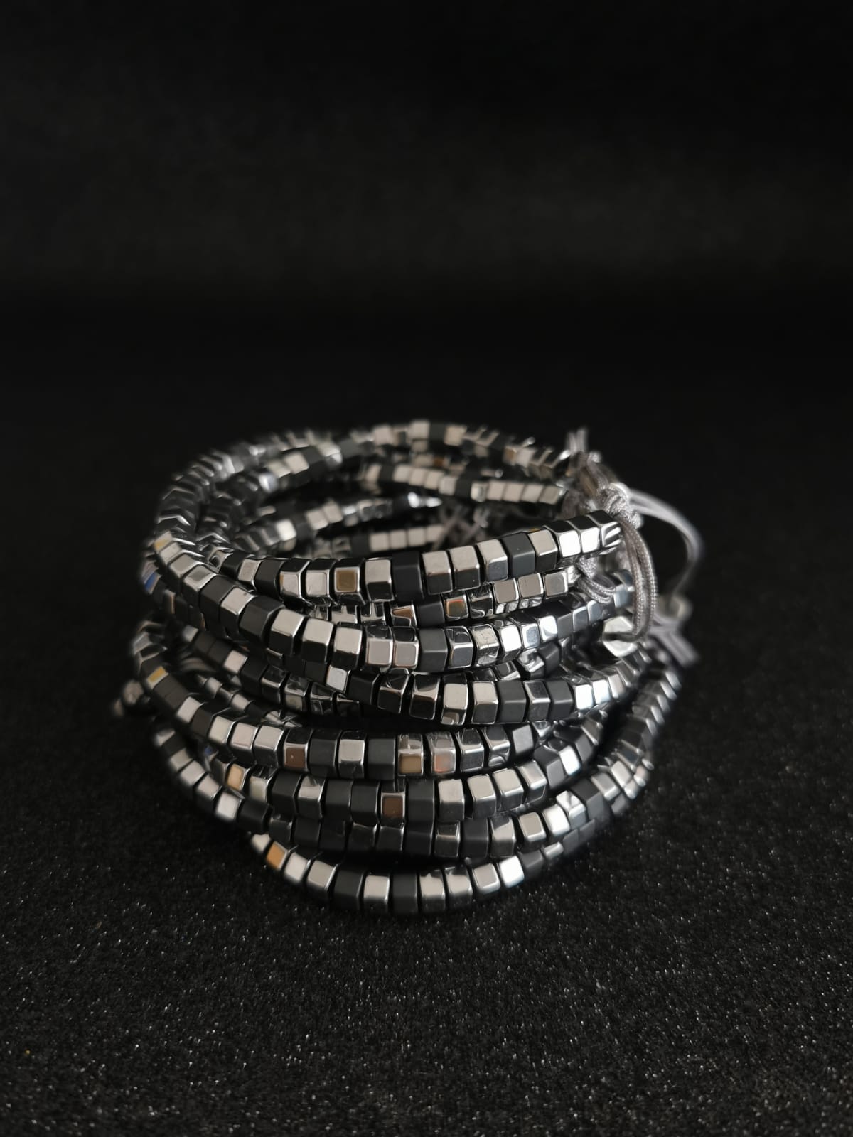 Hexagonal faceted SILVER and GRAPHITE HEMATITE Macrame Bracelet