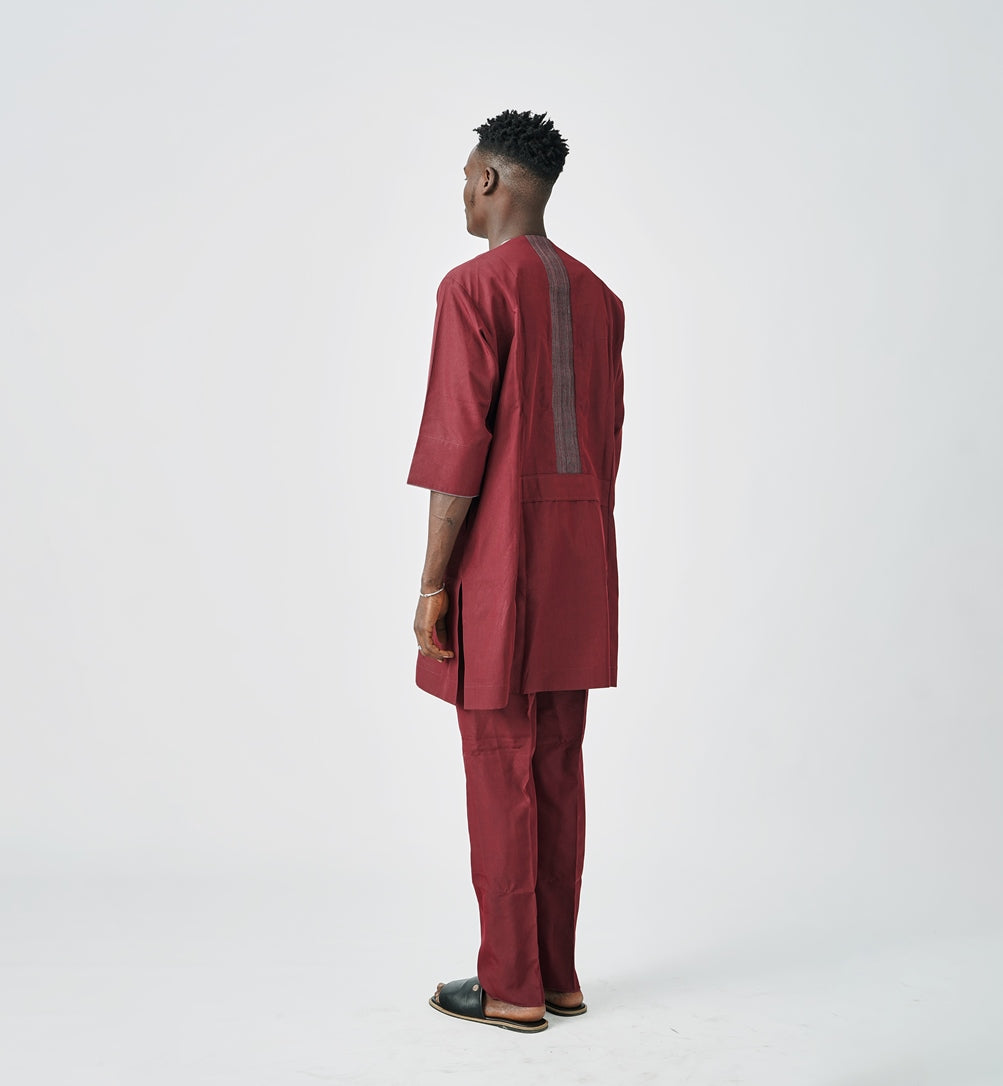 WORK SERIES-2-Piece Native Attire 3/4 Sleeves in Polished Wine cotton