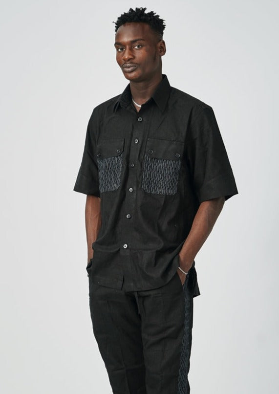SHORT SLEEVE DOUBLE POCKET ASOOKE DETAIL 2-Piece Set - BLACK