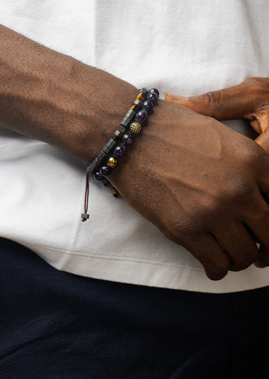 Hexagonal faceted TIGEREYE and GRAPHITE HEMATITE Macrame Bracelet