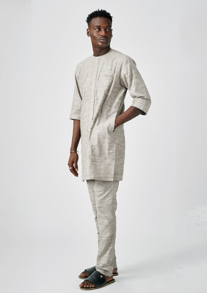 WORK SERIES-2-Piece Native Attire 3/4 Sleeves Brown Chambray Linen