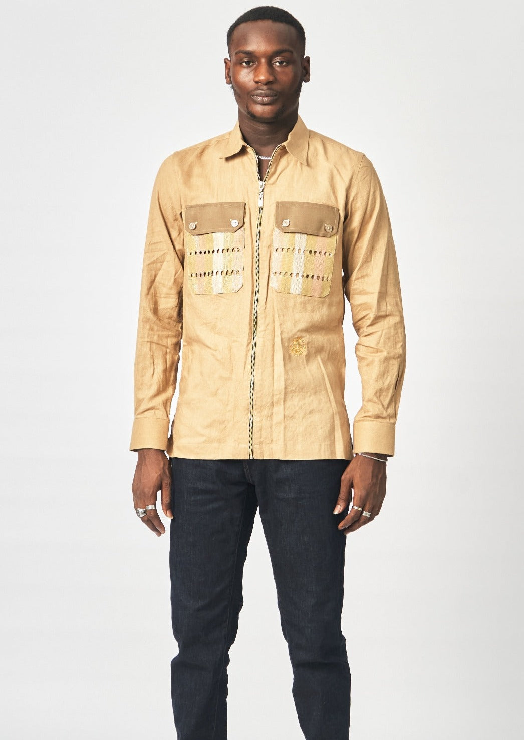 Double pocket long sleeve Zipper shirt (BEIGE)