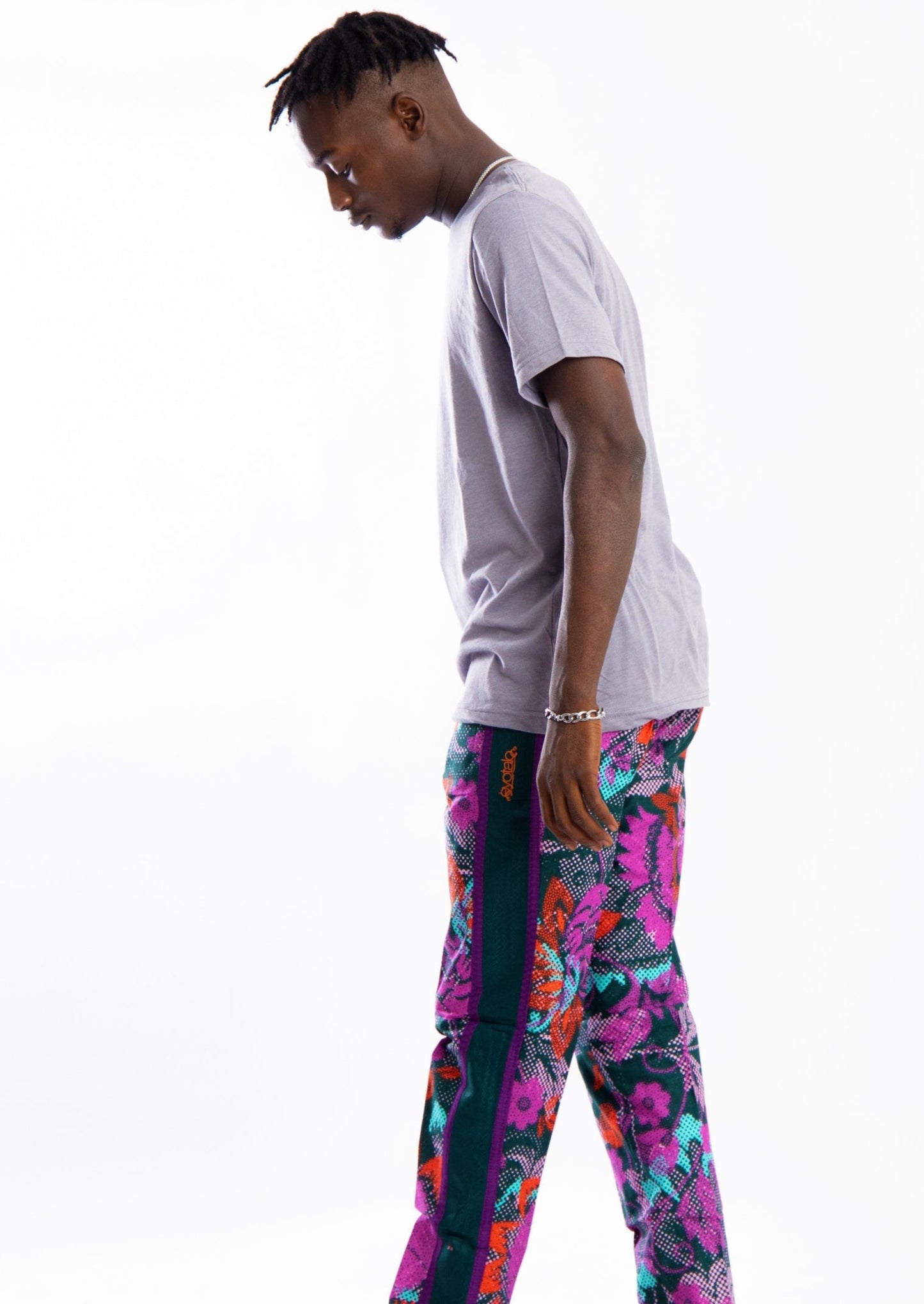 Purple flower print pants with black side strip