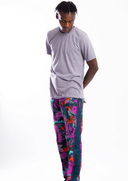 Purple flower print pants with black side strip