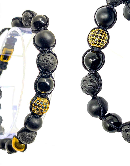 SINGLE GEMSTONE MACRAME Bracelet made with pave beads - LAVA ONYX